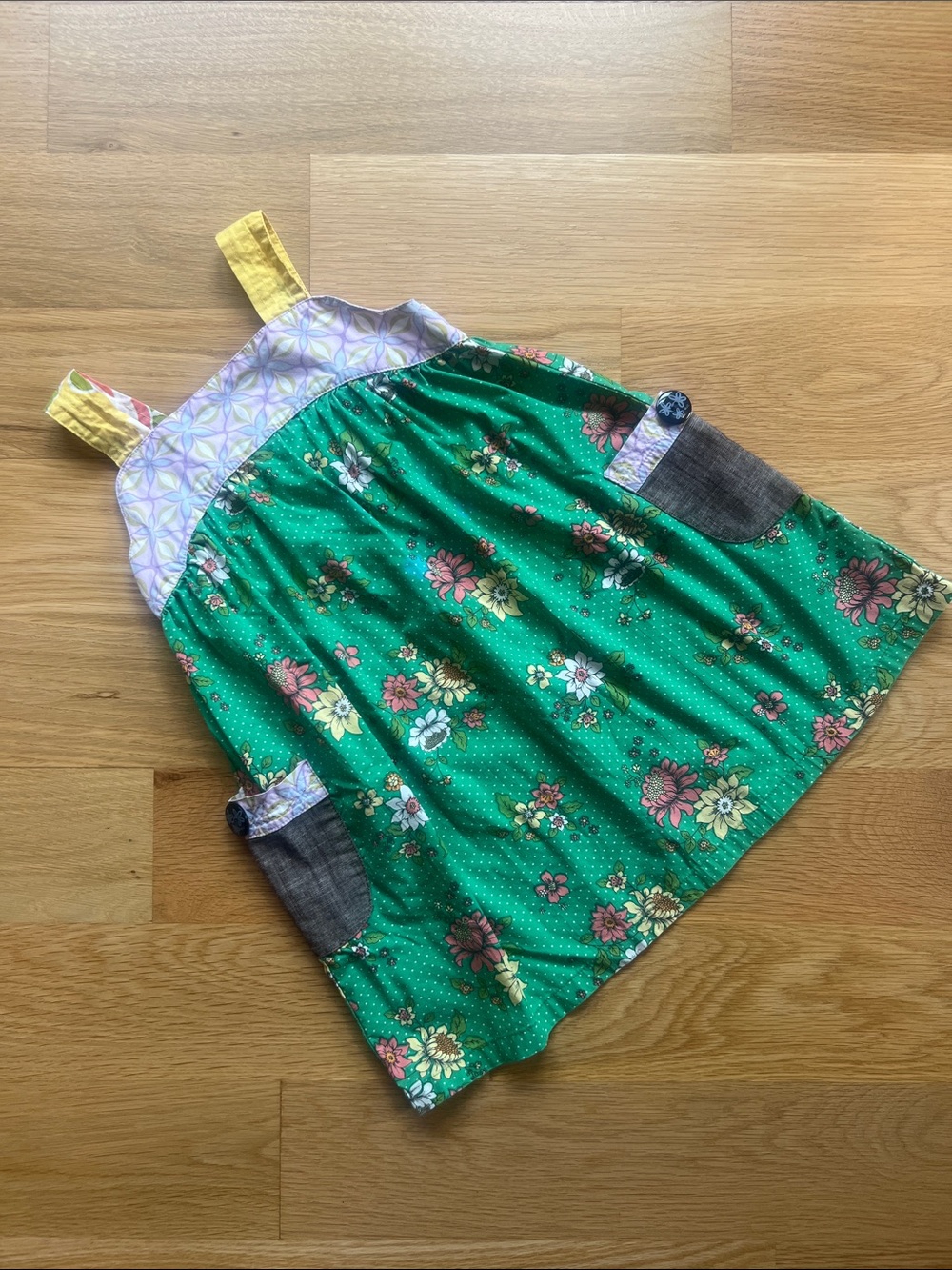 Matilda Jane Green Floral Dress with Lavender Yoke and Yellow Straps